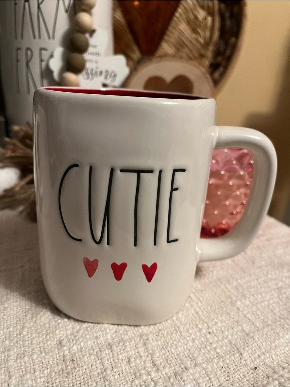Rae Dunn White Mug with Pink Interior and Heart Handle